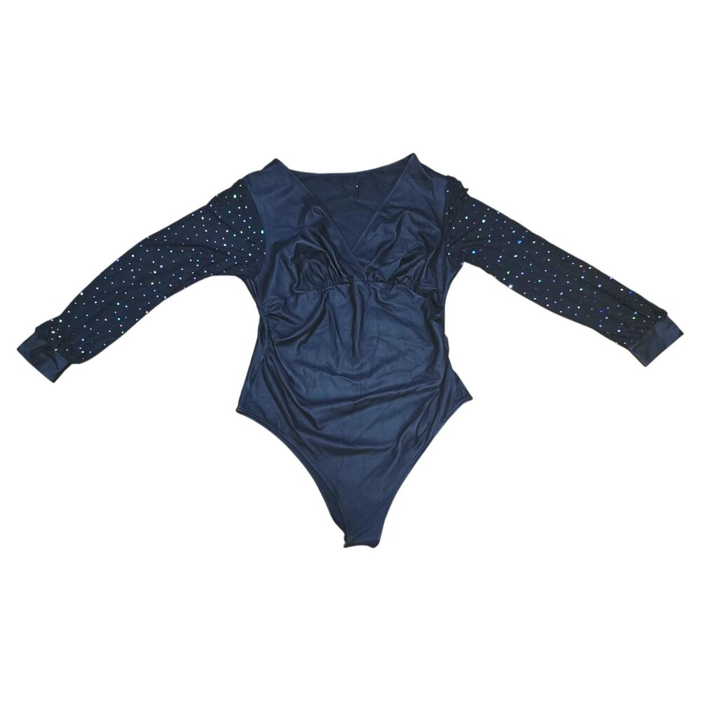 NWOT Shein V-Neck Ruched Mesh Sequin Lantern Sleeve Sheer Bodysuit Size 12 0XL